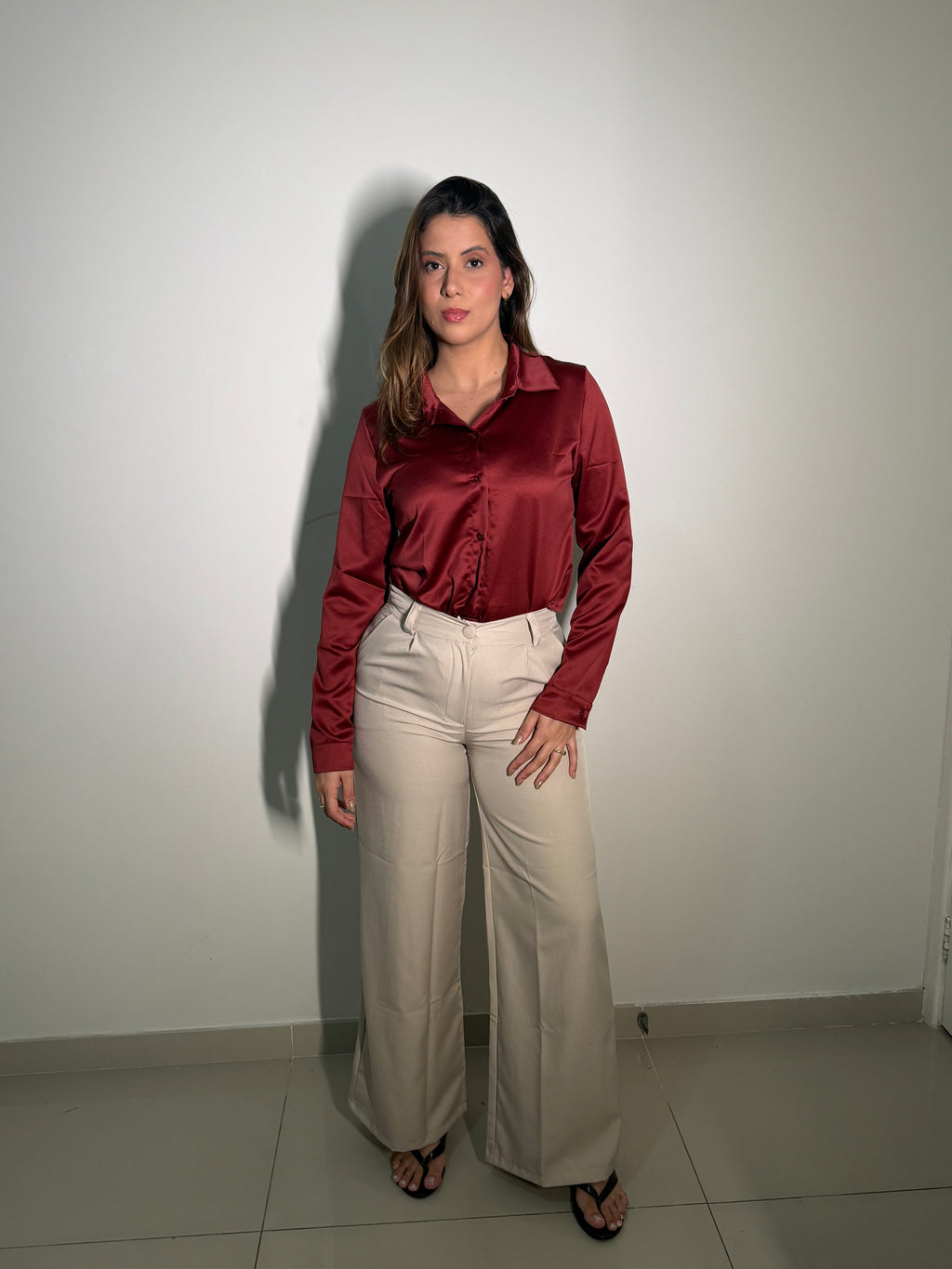 Calça Pantalona em Linho Creme