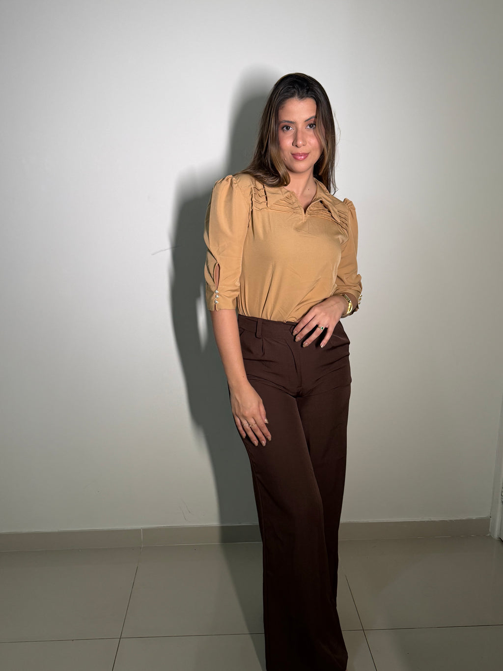 Calça Pantalona em Linho Marrom